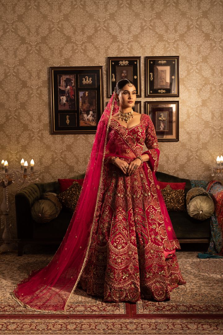 Maroon Velvet Bridal Lehenga with Heavy Zari Embroidery