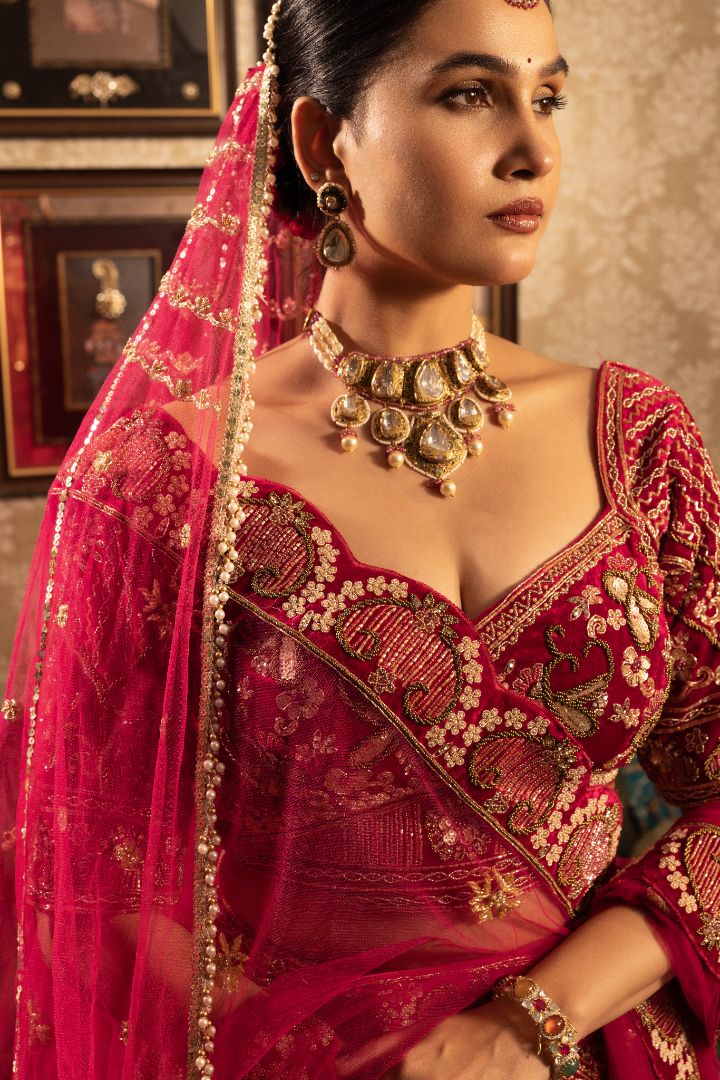 Maroon Velvet Bridal Lehenga with Heavy Zari Embroidery
