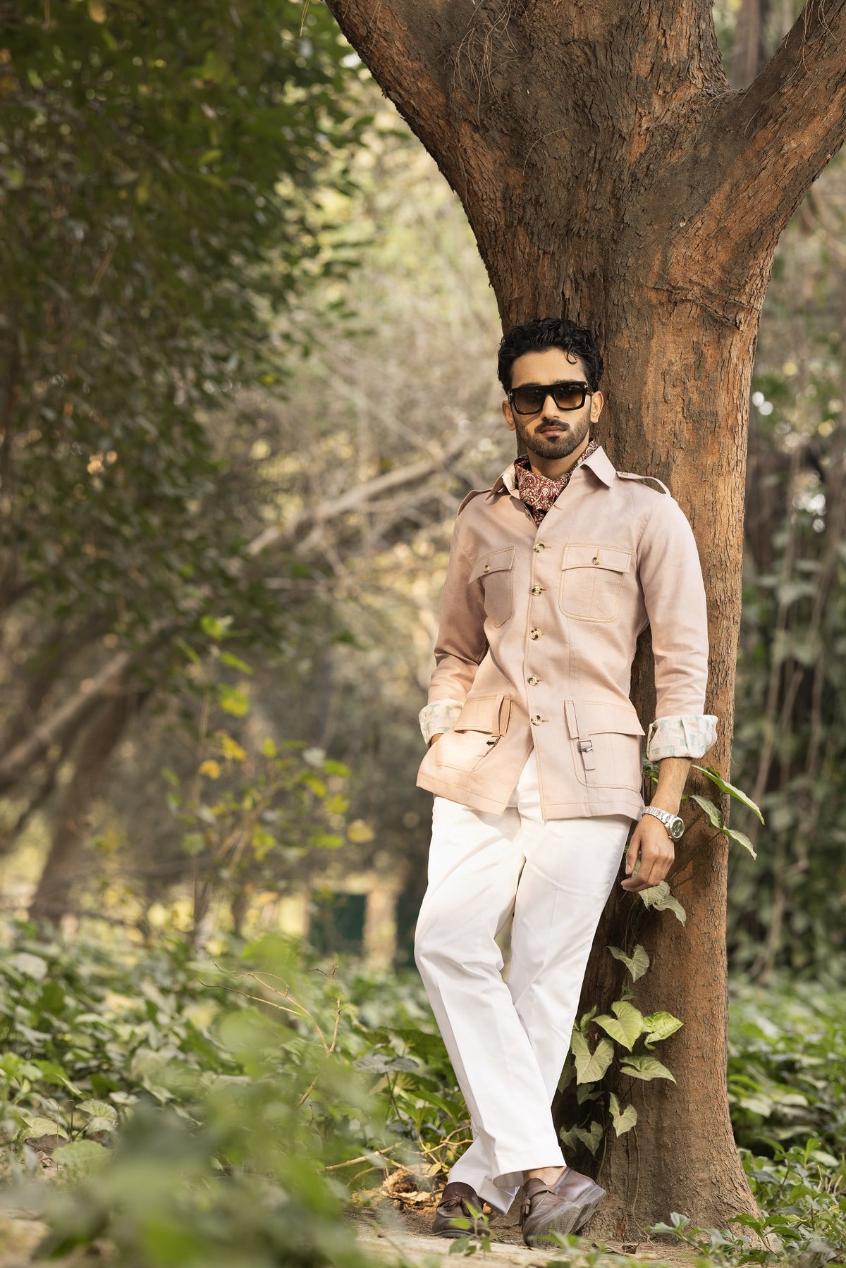 Beige Linen Safari Shirt for Men