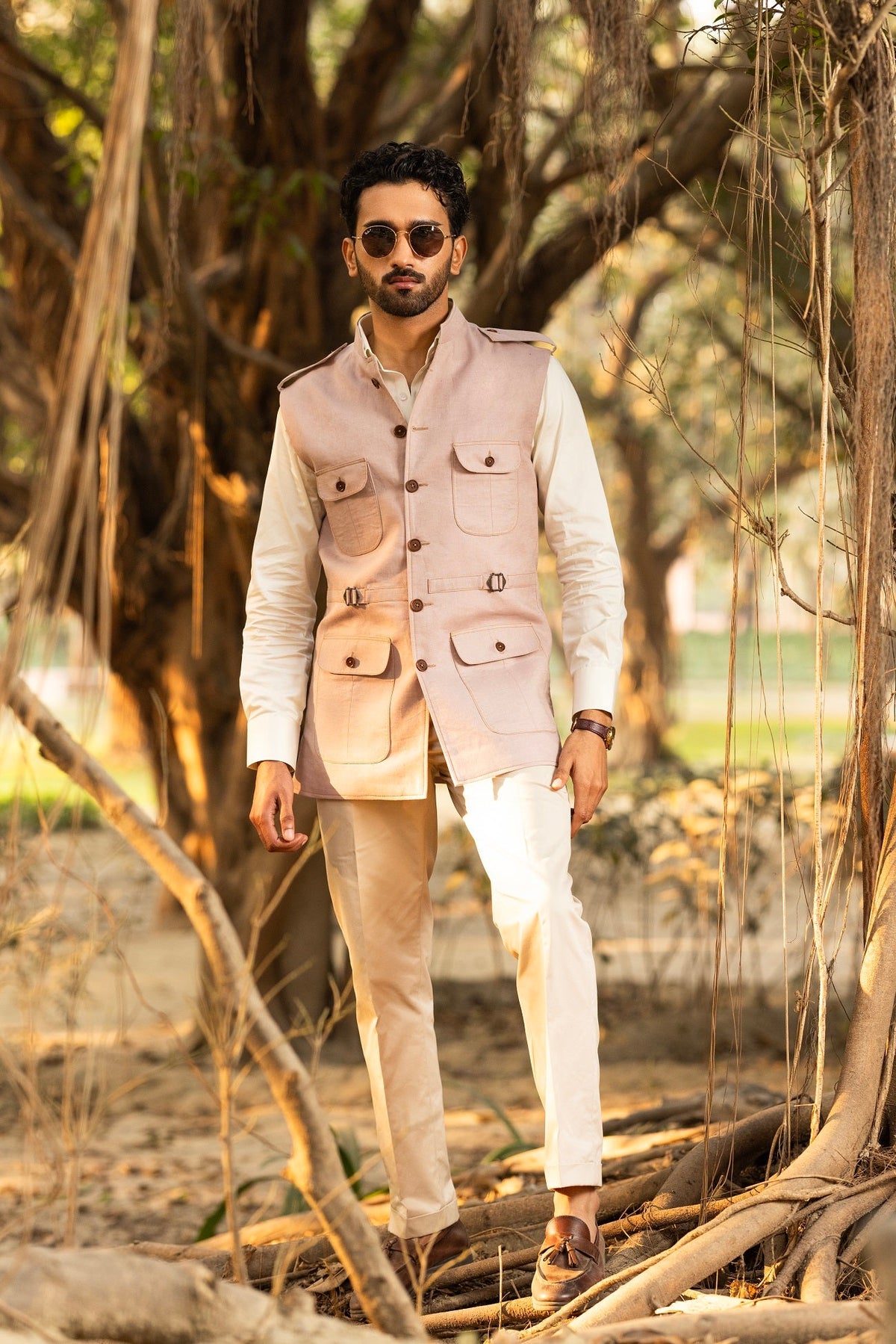 Light Pink Safari Sadri with Epaulettes & Contrast Stitc