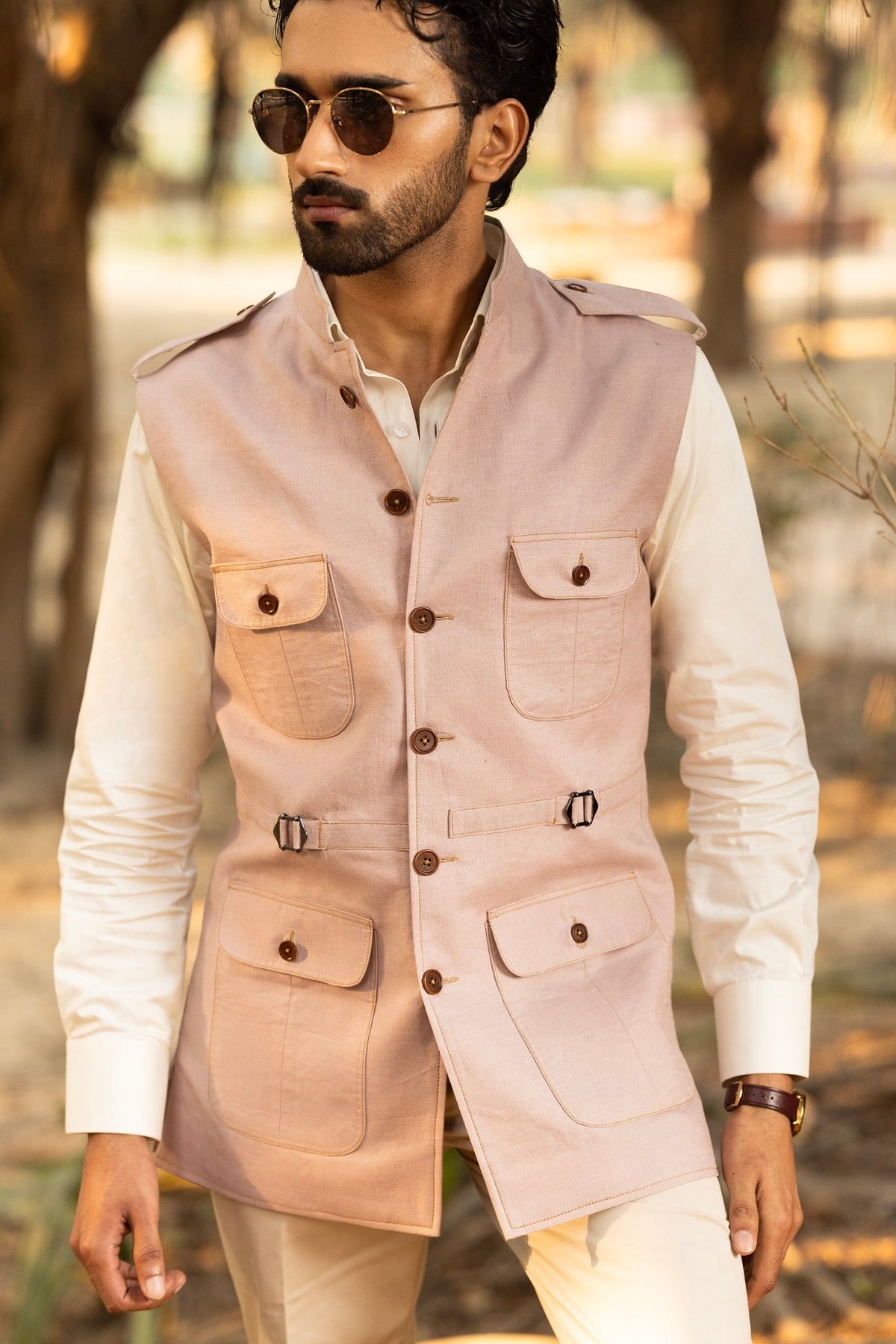 Light Pink Safari Sadri with Epaulettes & Contrast Stitc