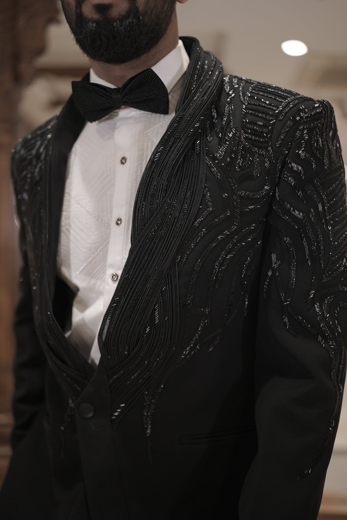 Black tuxedo with embroidered collar