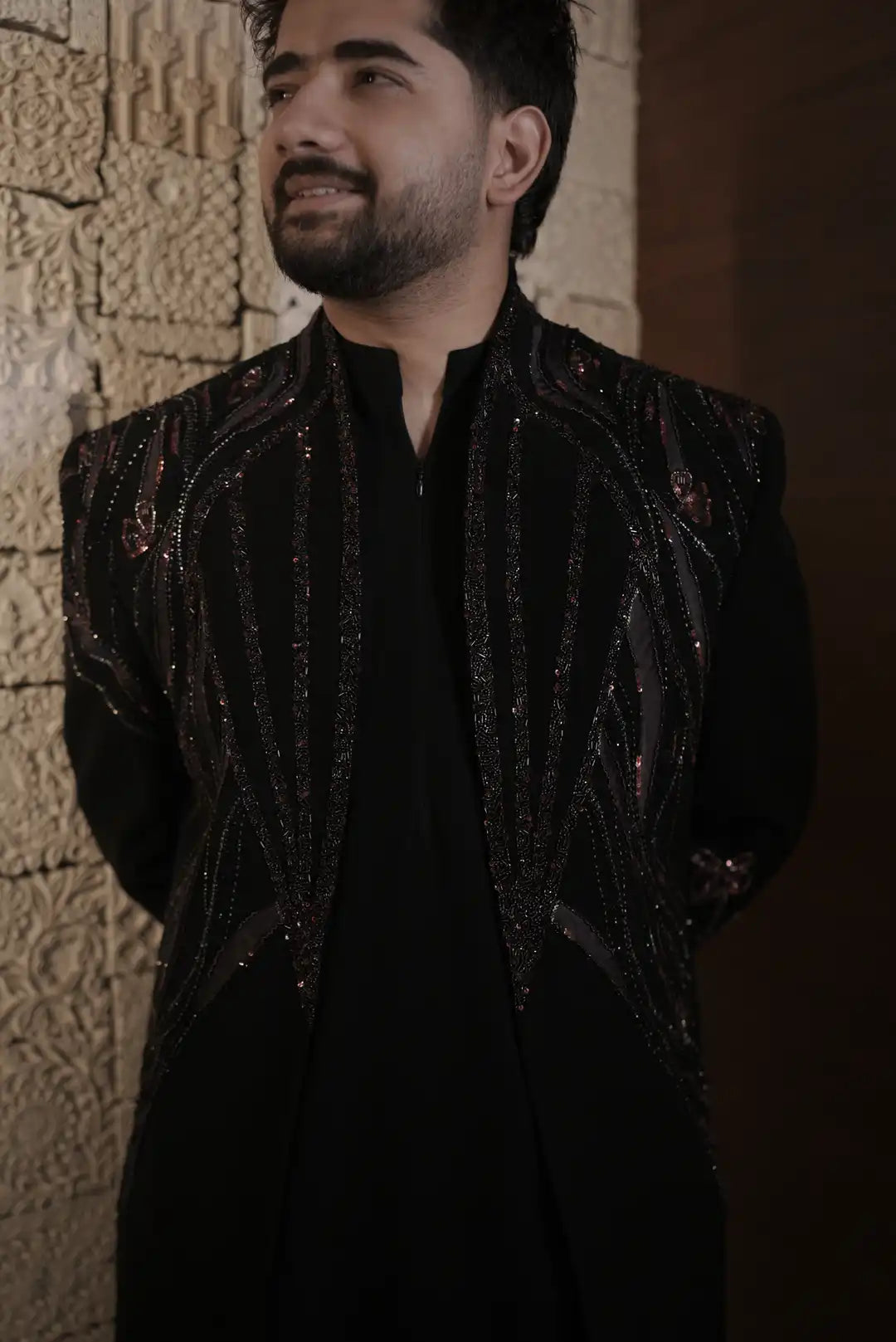 Black indo-western with geometric & floral motifs