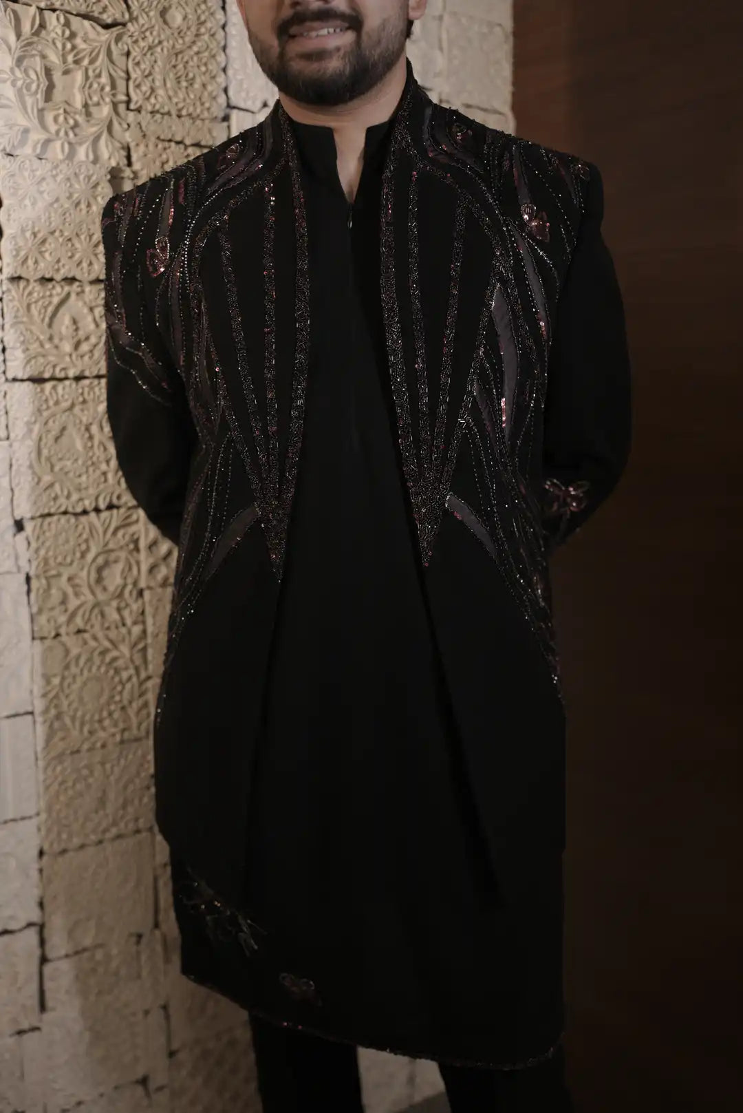 Black indo-western with geometric & floral motifs