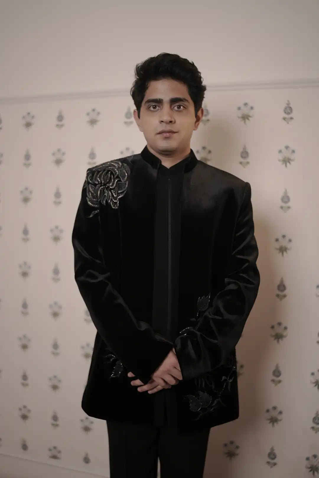 Black Velvet jacket style Indo-western with floral motifs