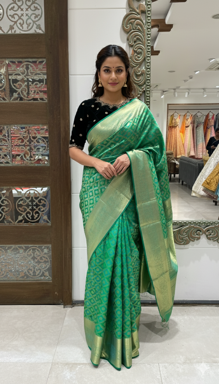 Green Kanjivaram Silk Saree with Golden Zari and Black Blouse