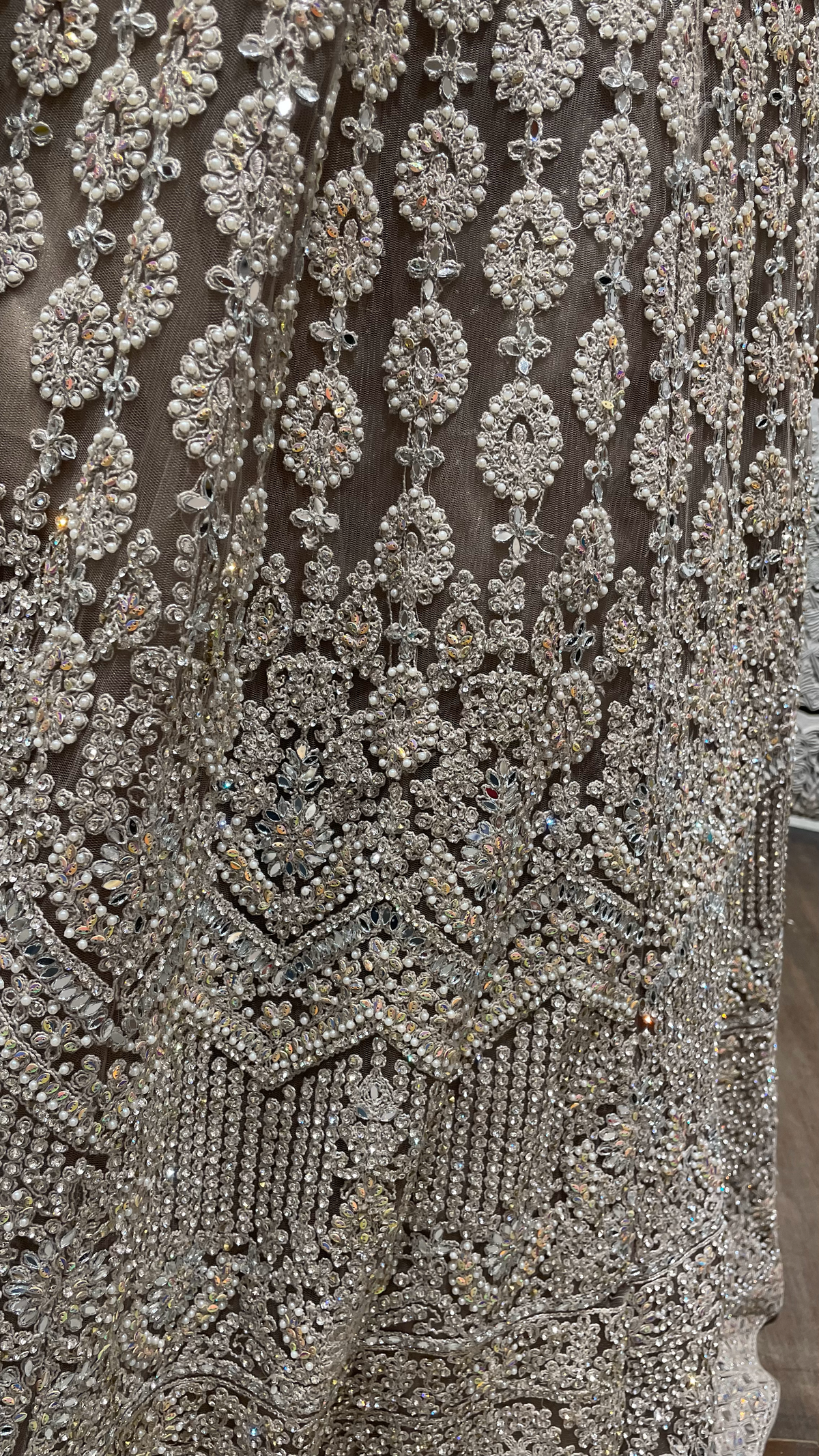 Beige Mirrorwork Net Lehenga with Sequin & Pearl Embellishments