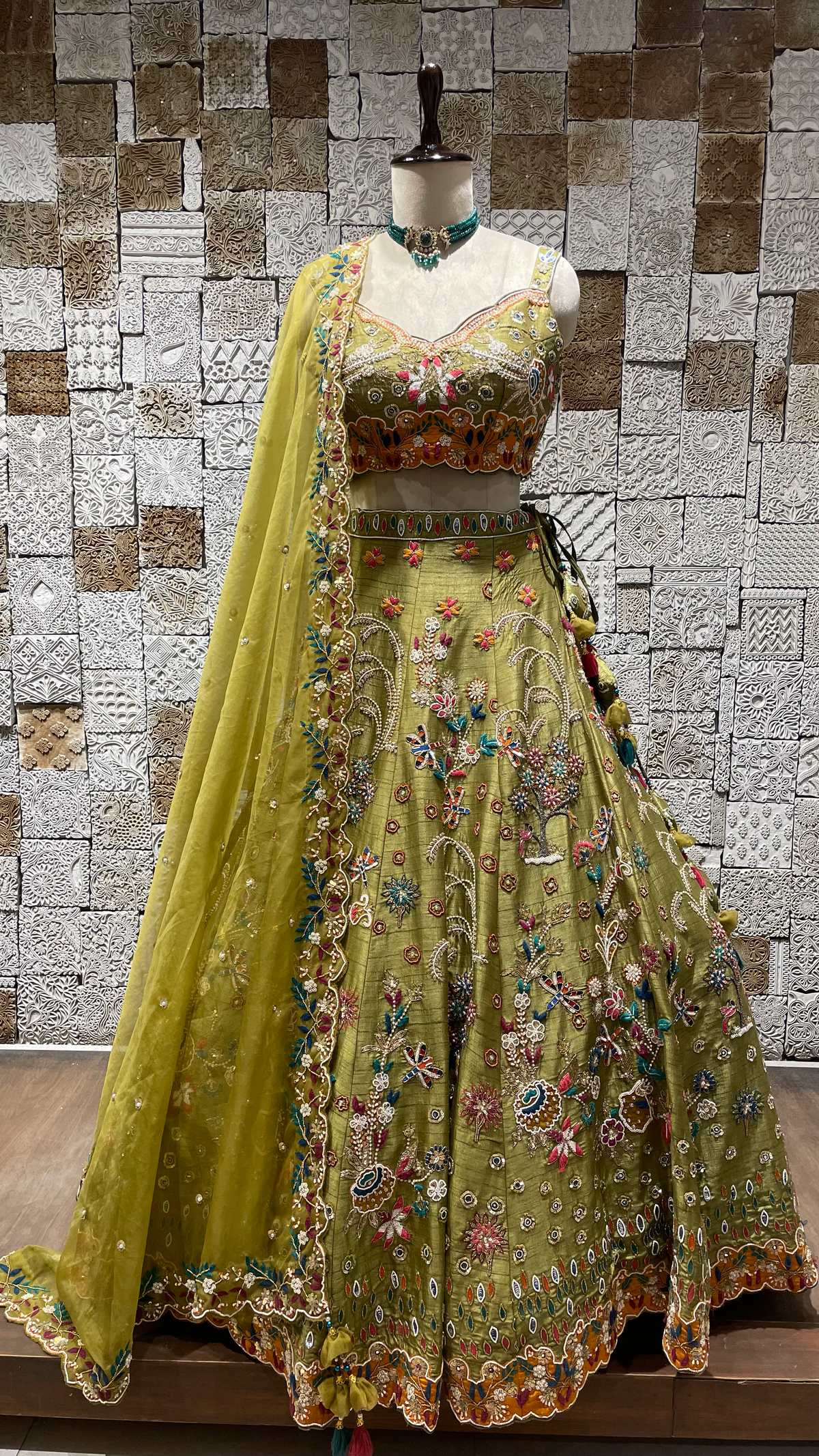 Green Silk Multicolour Lehenga with Sequins & Bead Embellishment