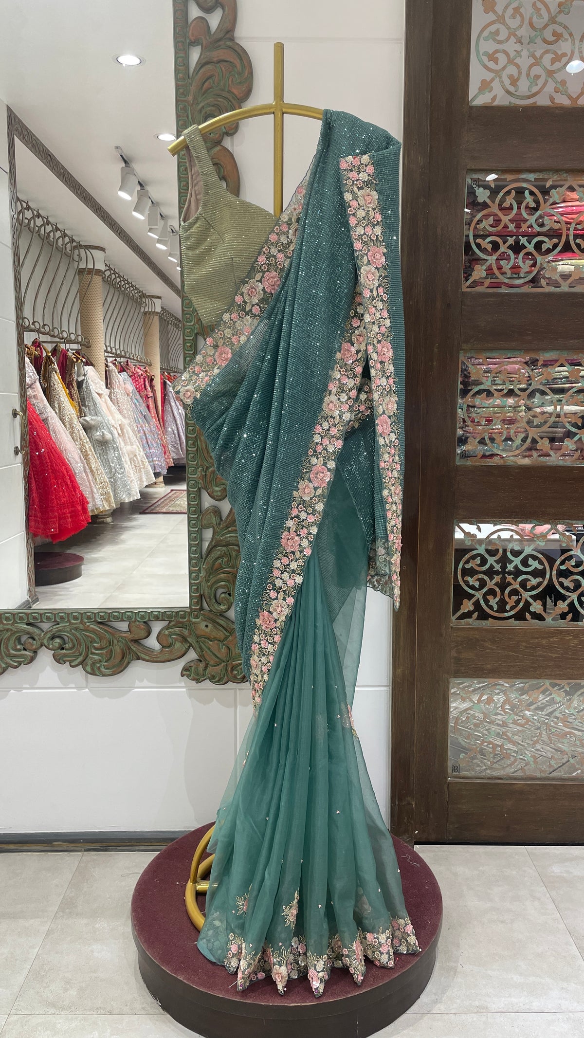 Green sequins saree