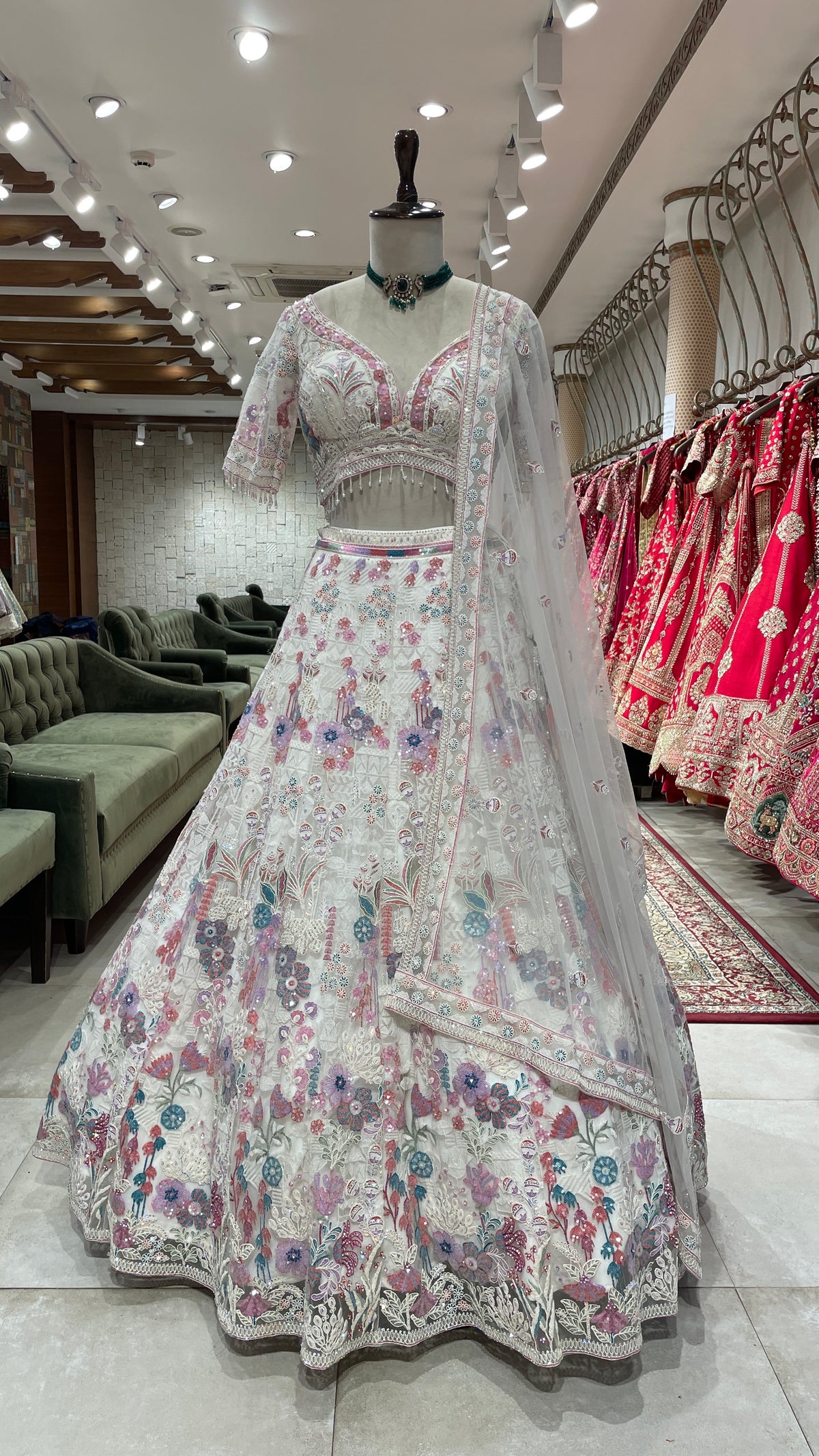White Lehenga with Multicolour Threadwork
