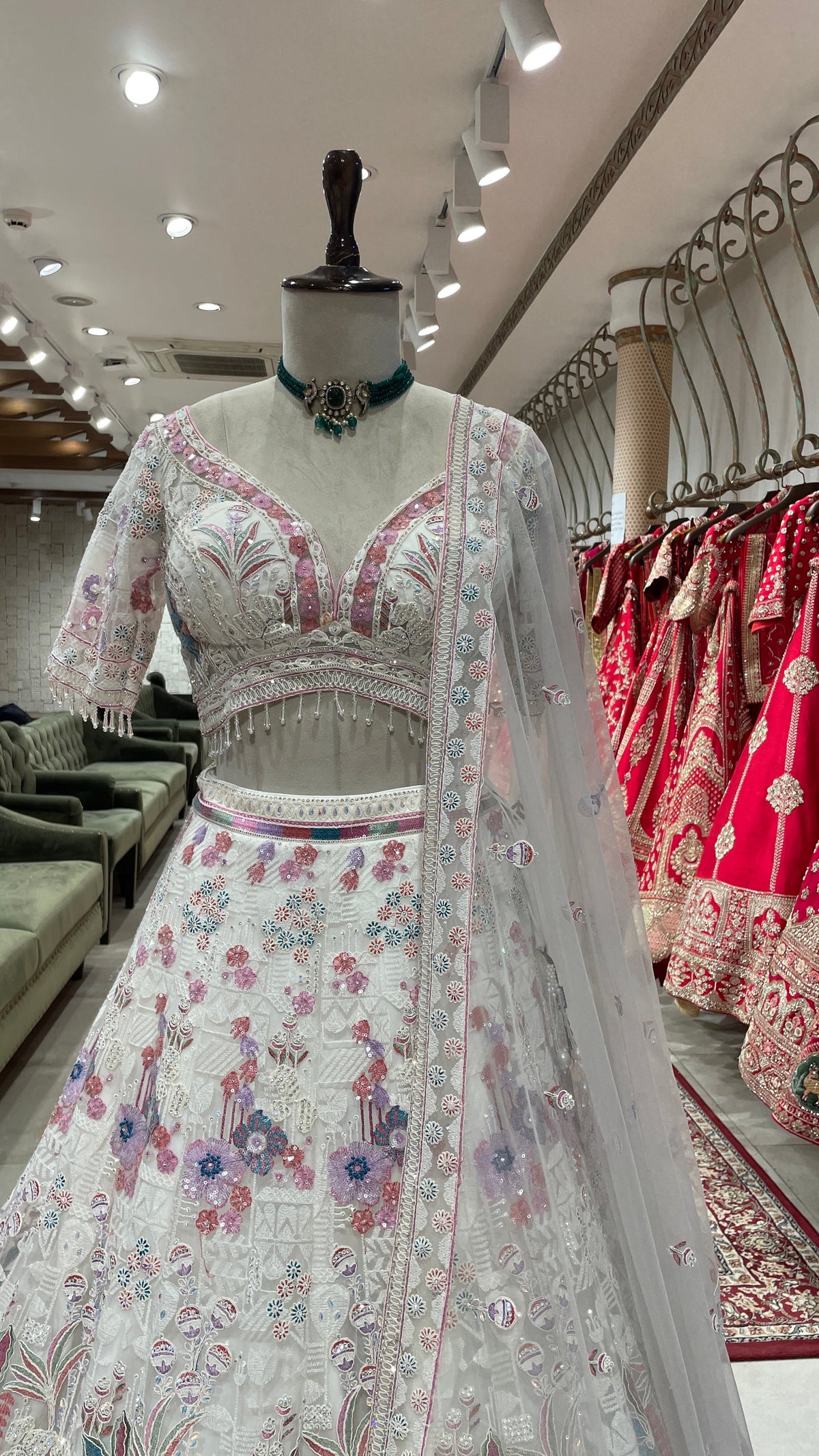 White Lehenga with Multicolour Threadwork