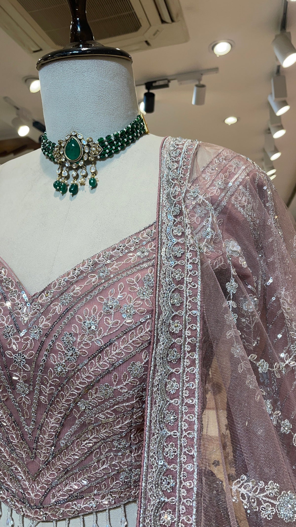 Pastel Pink Net Lehenga with Sequins & Rhinestones
