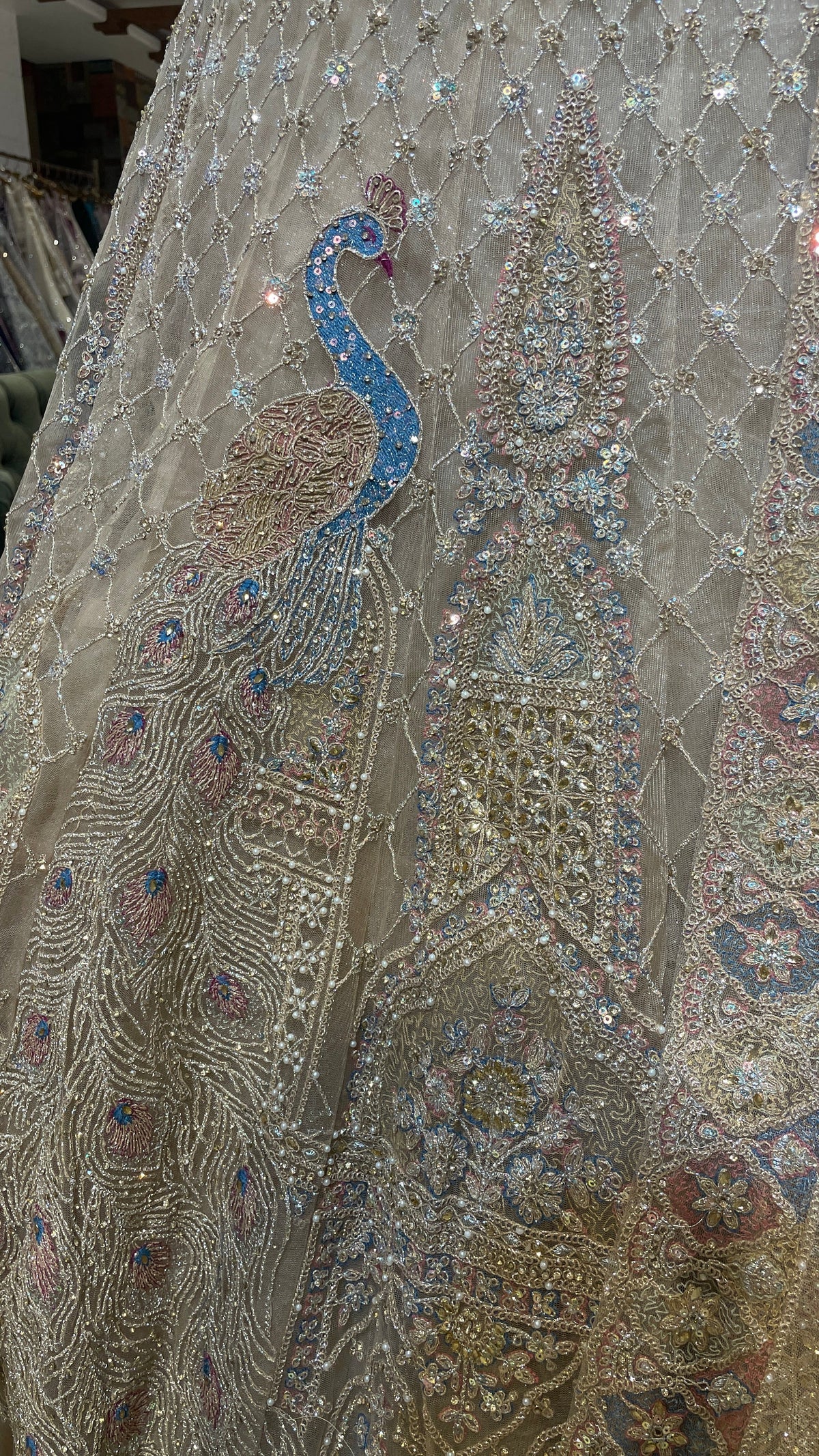 Gold Multicolour Net Lehenga with Peacock Motifs