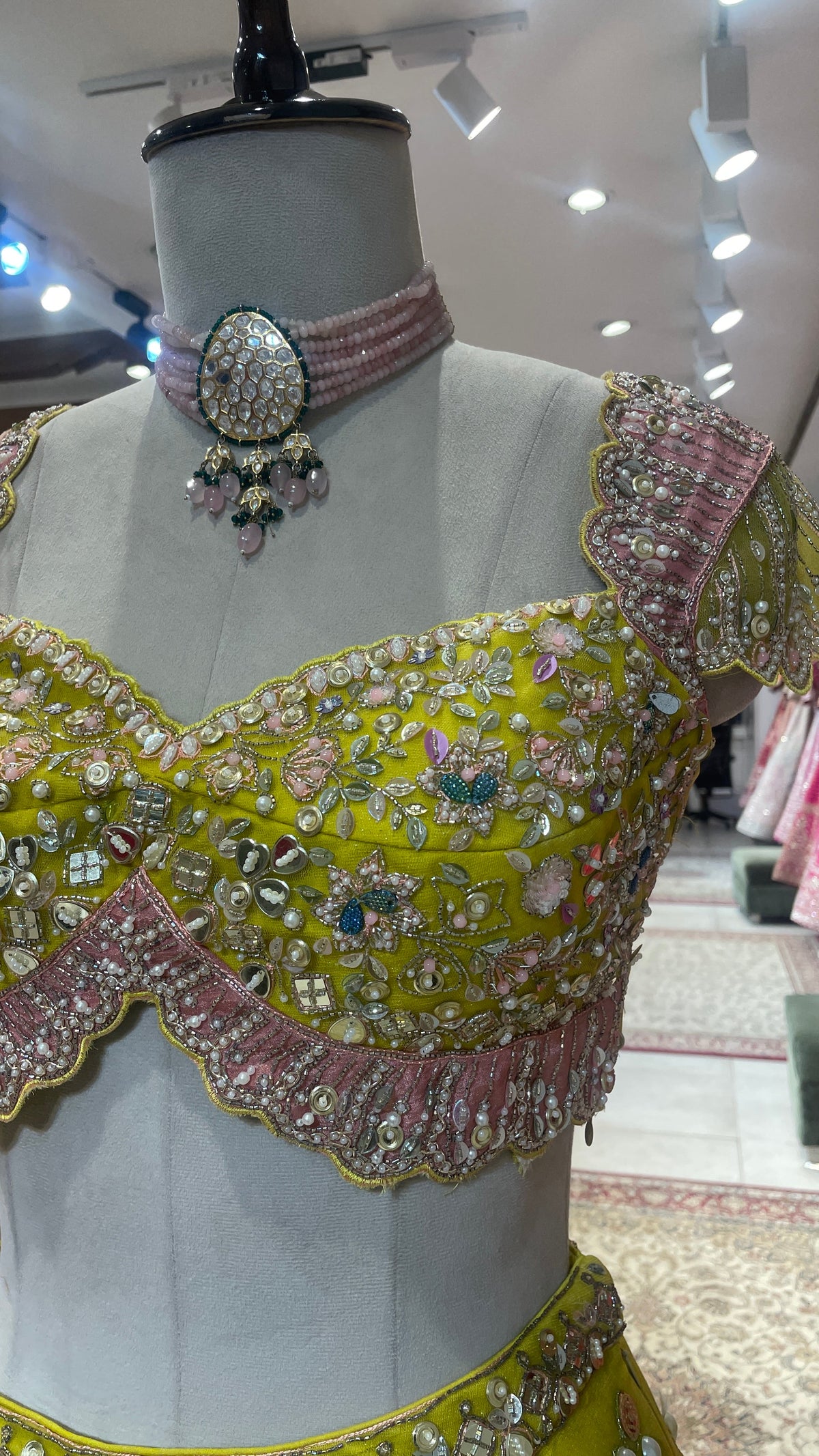 Green Net Lehenga with Pearl Embellishments & Contrasting Dupatta