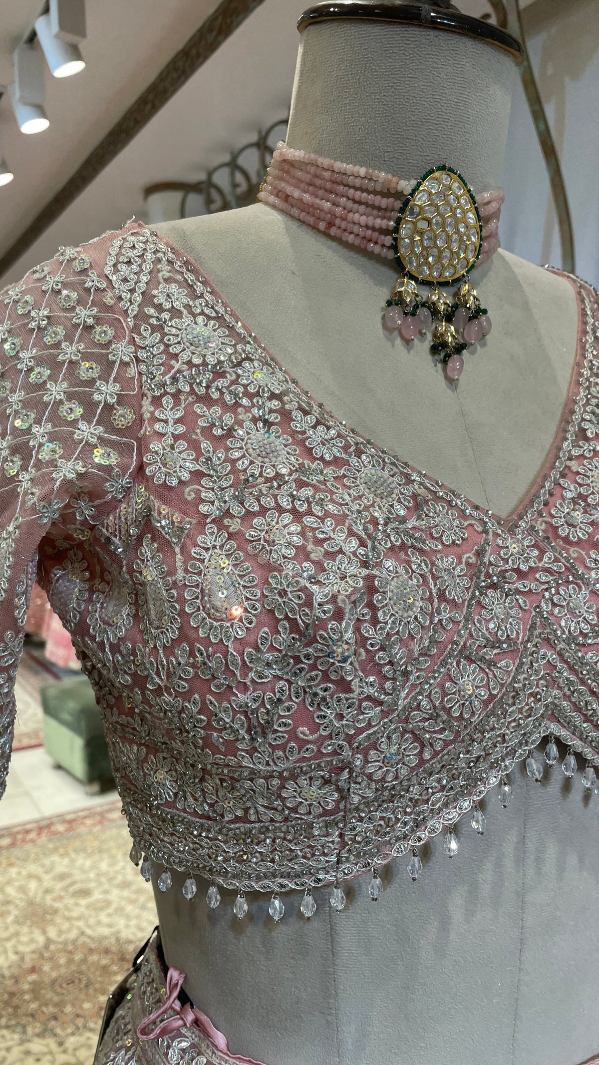 Pastel Pink Net Lehenga with Sequins & Threadwork