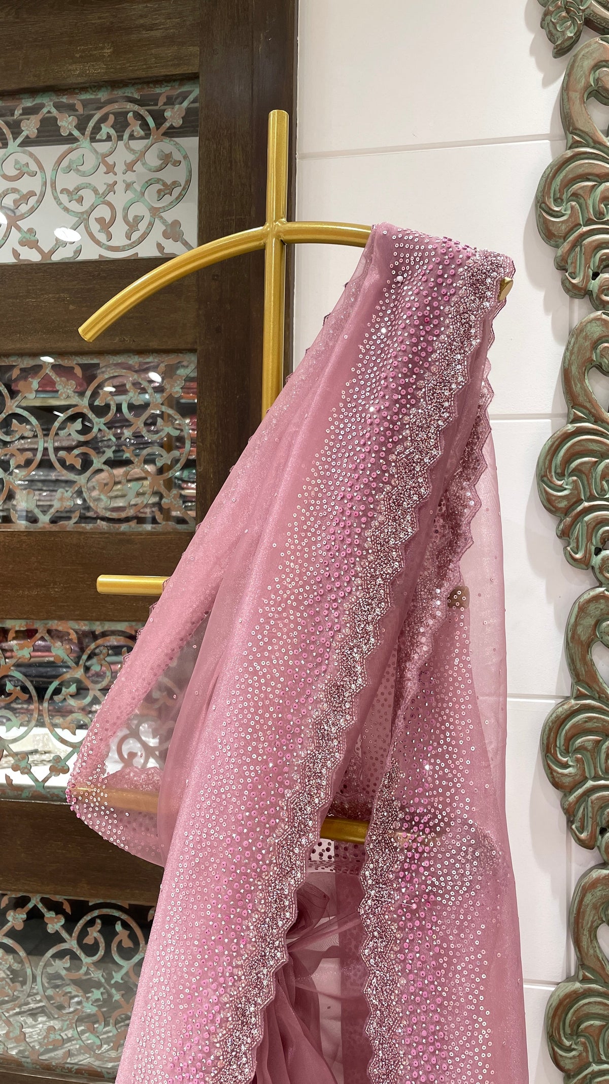 Rose Pink Crystal Embellished Net Saree