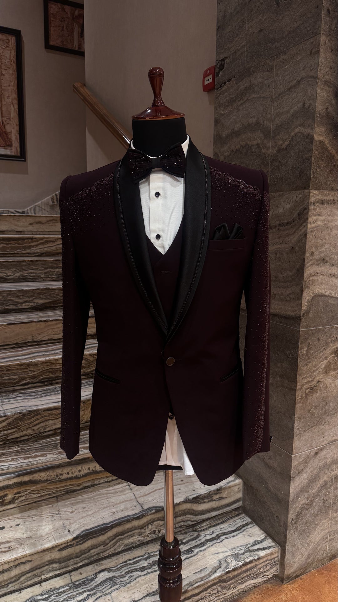 Wine Stone Embellished Tuxedo Set with Bow