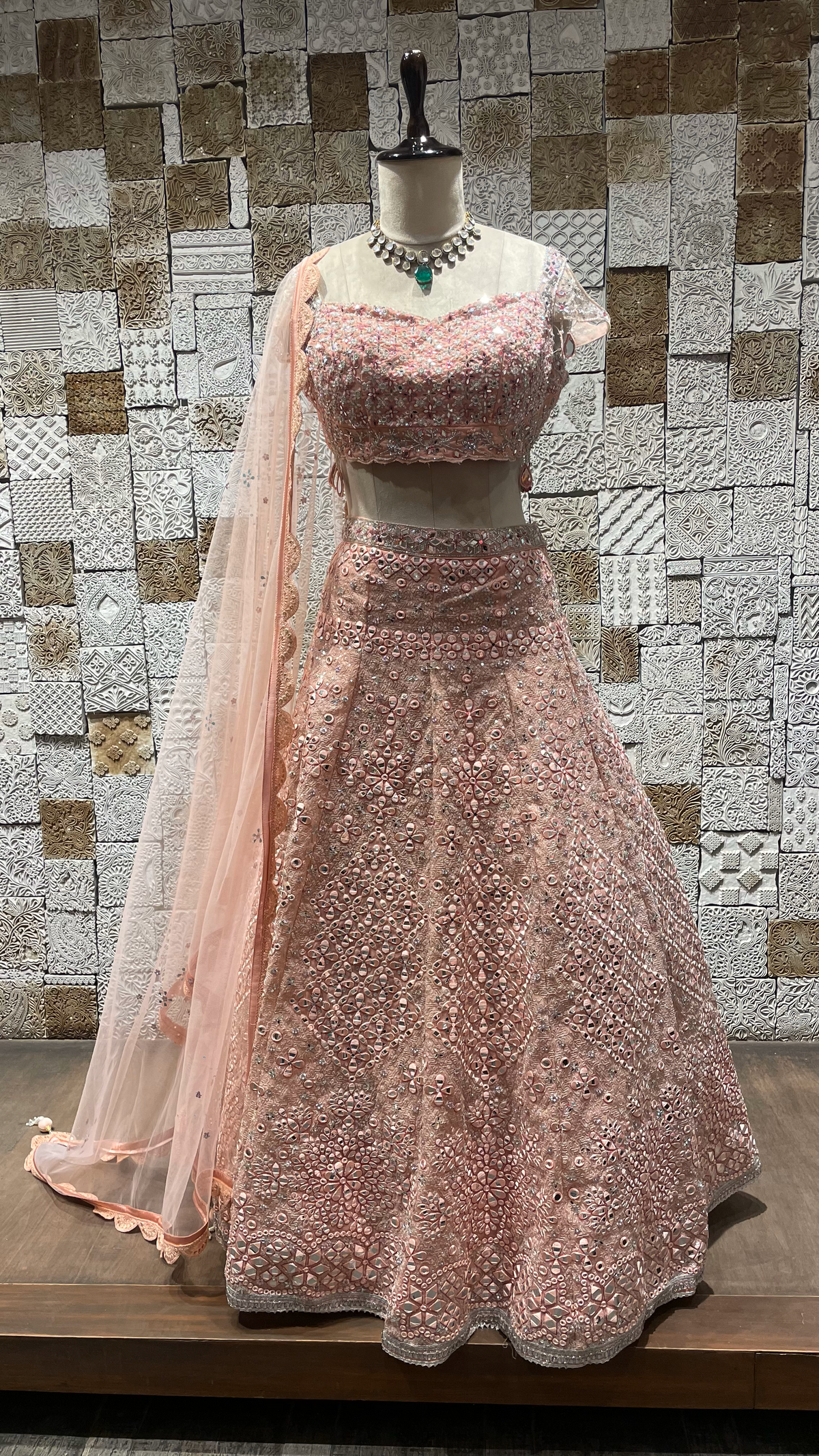 Pink Silk Lehenga with Mirrorwork, Sequins & Net Dupatta