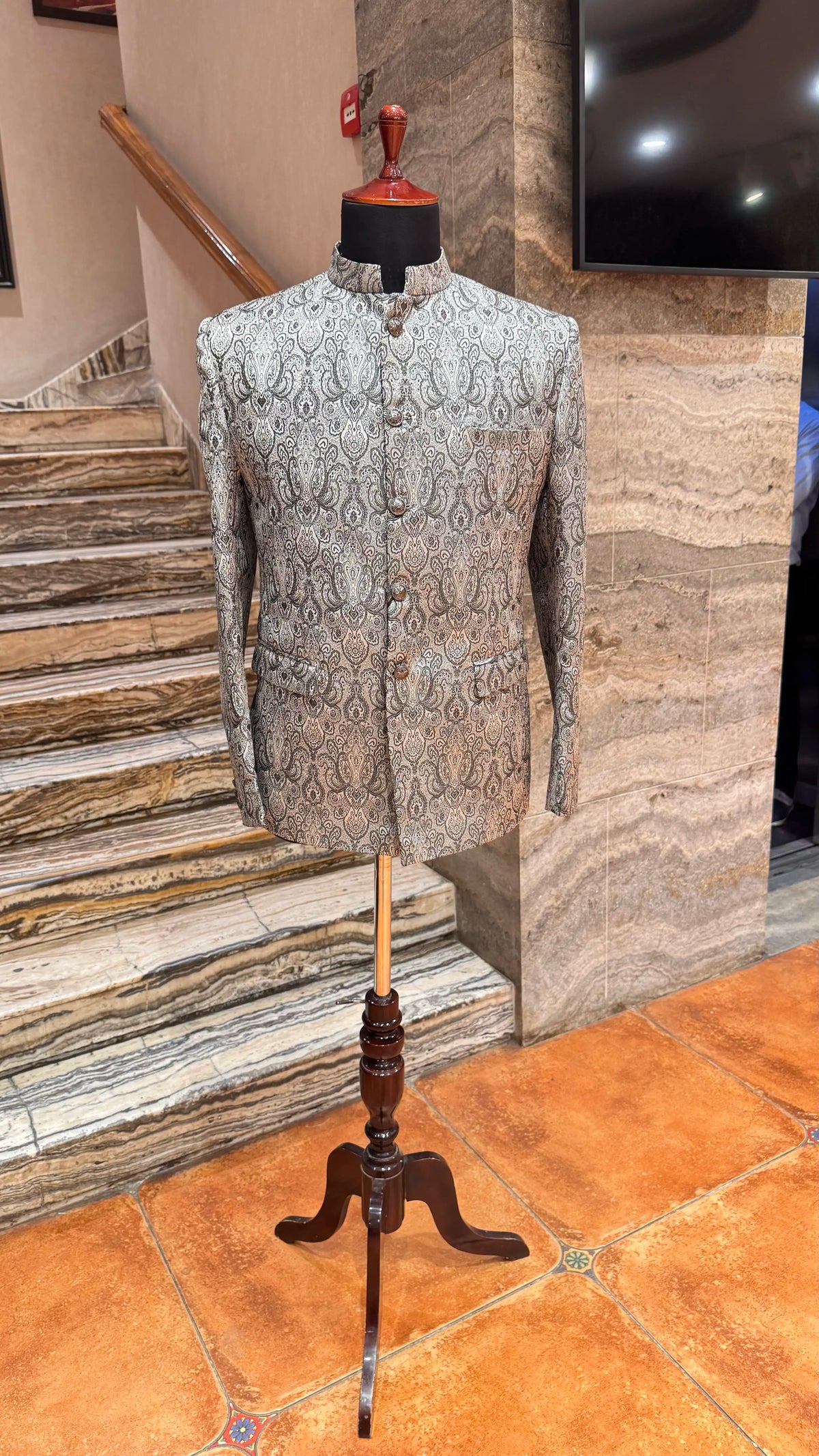 Grey Self Work Bandhgala Jacket for Men