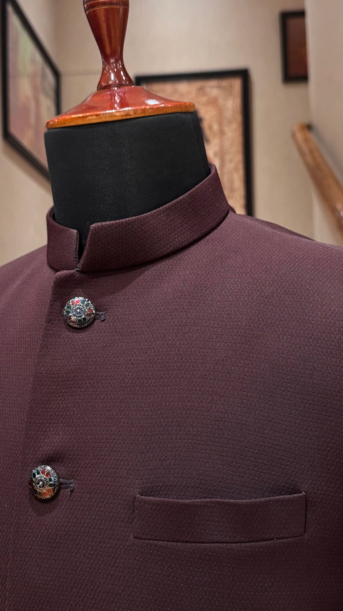 Wine Bandhgala with Self Work Embroidery
