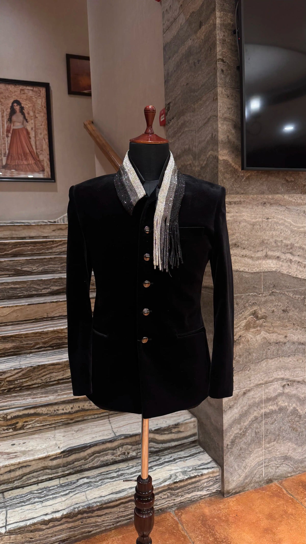 Black velvet collar work bandhgala