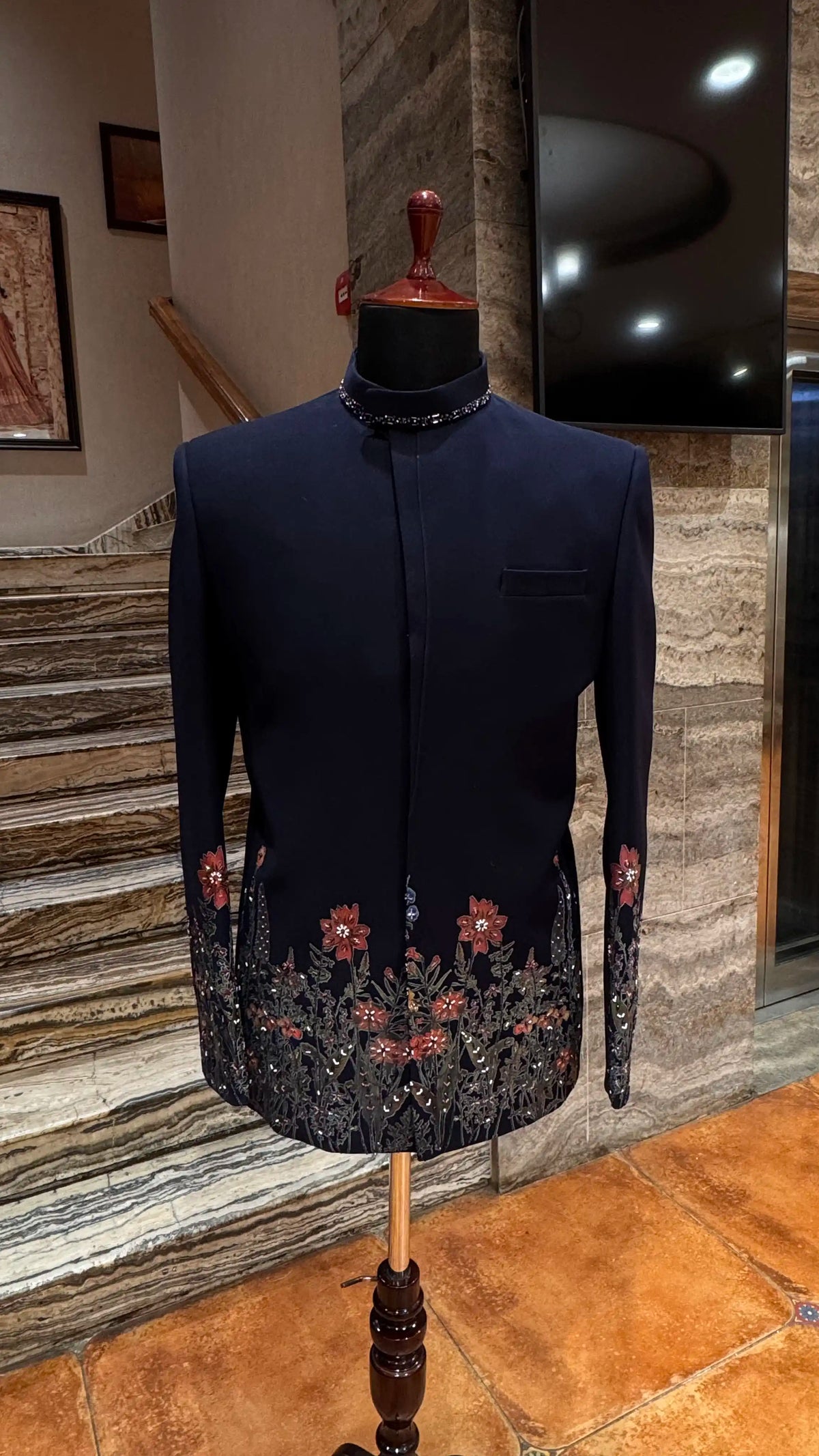 Blue bandhgala with floral embroidery