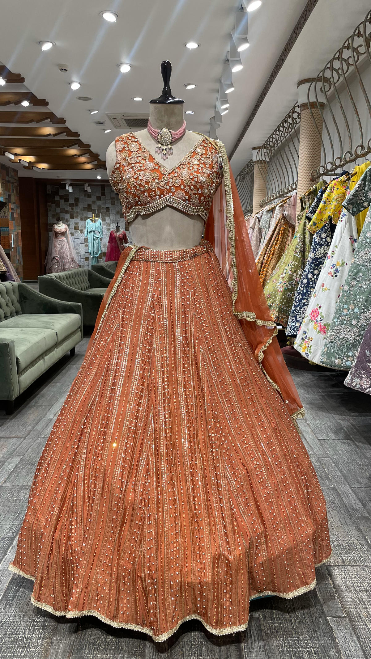Rust Chinon Lehenga with Pearl Sequins & Pot Embellishments