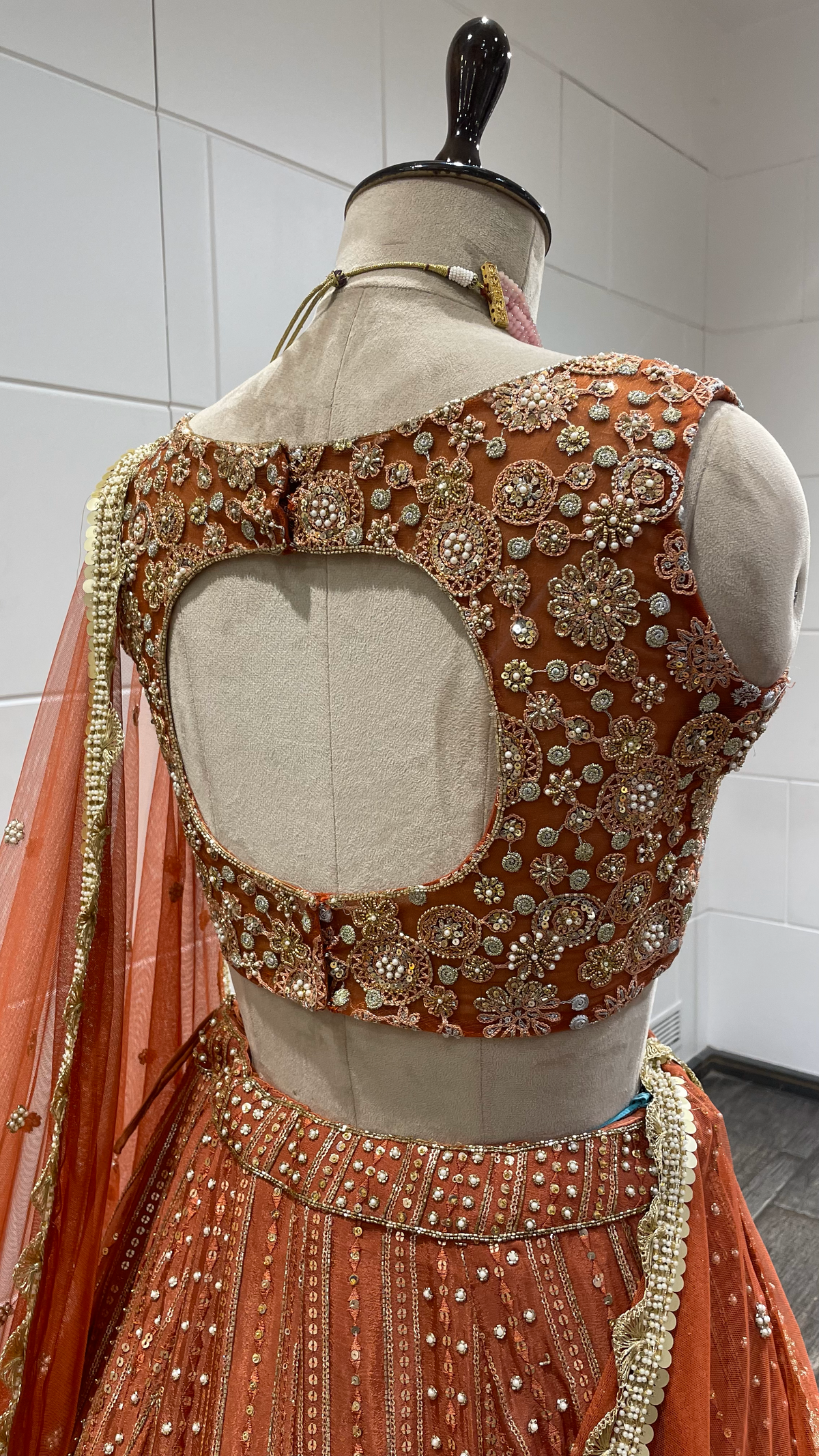 Rust Chinon Lehenga with Pearl Sequins & Pot Embellishments