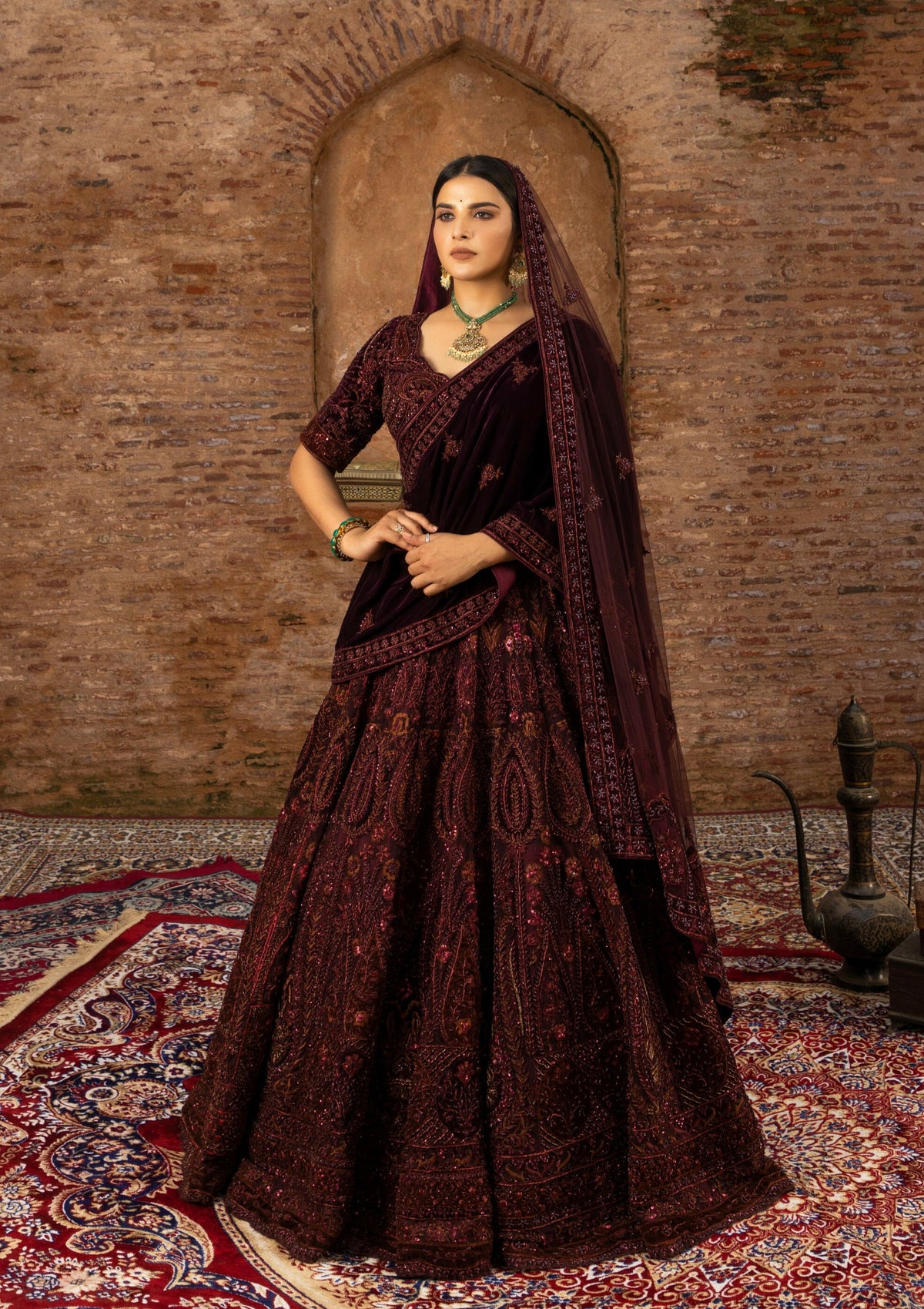Regal Maroon Bridal Lehenga in Net and Velvet with Hand-Embroidery