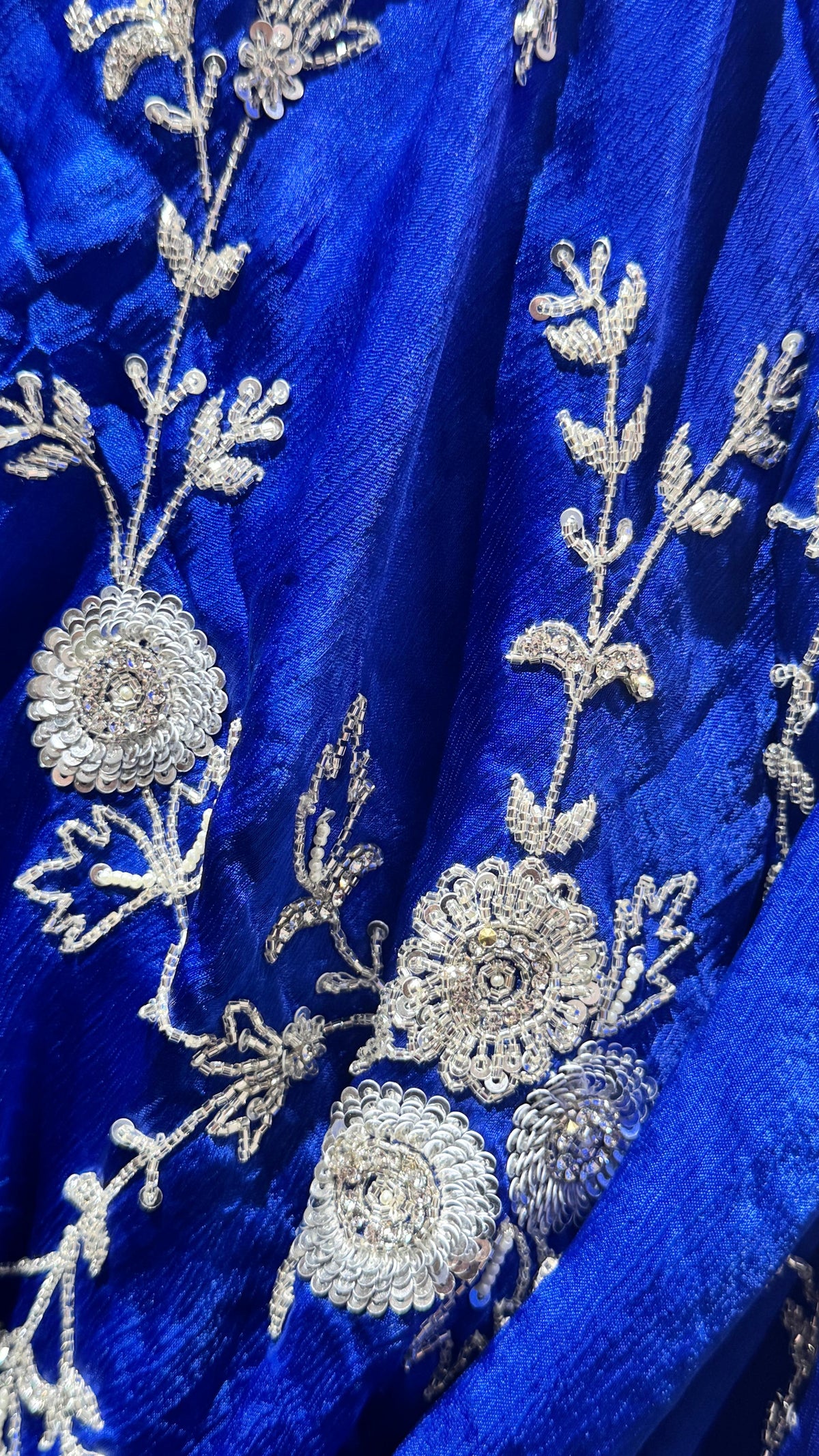Blue Saree with Silver Floral Embroidery