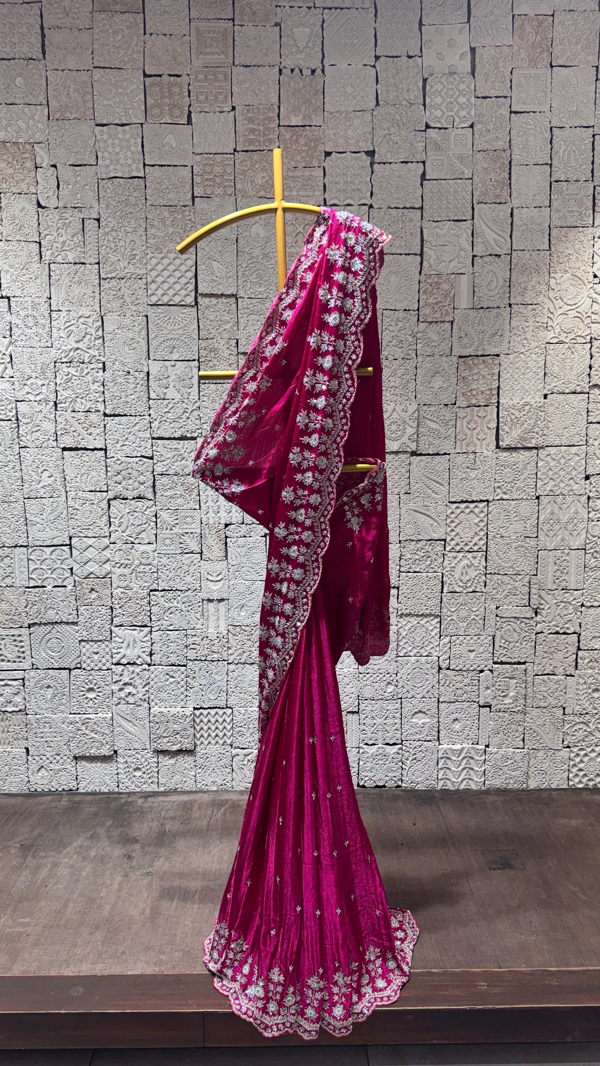 Rani Pink Saree with Heavy Floral Border and Designer Blouse