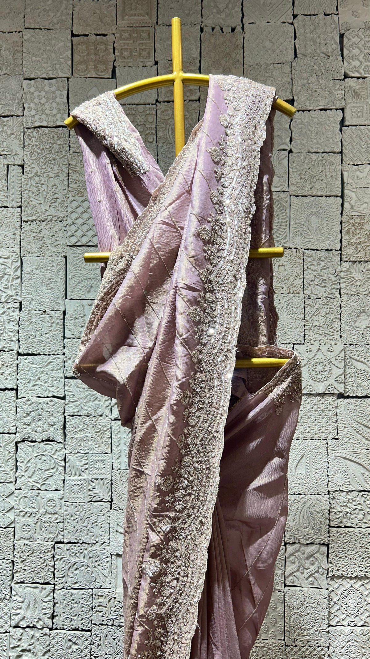 Onion color saree with heavy floral border