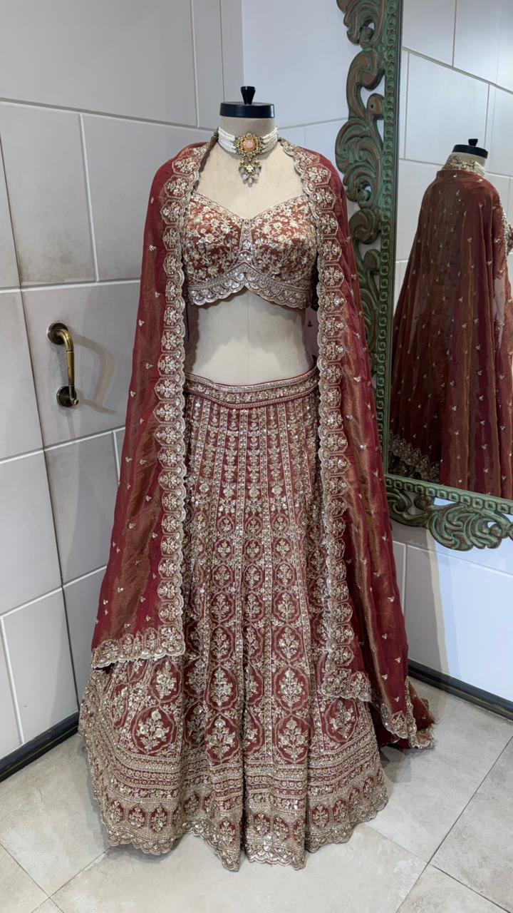 Maroon Hand-Embroidered Zardozi Velvet Lehenga Set
