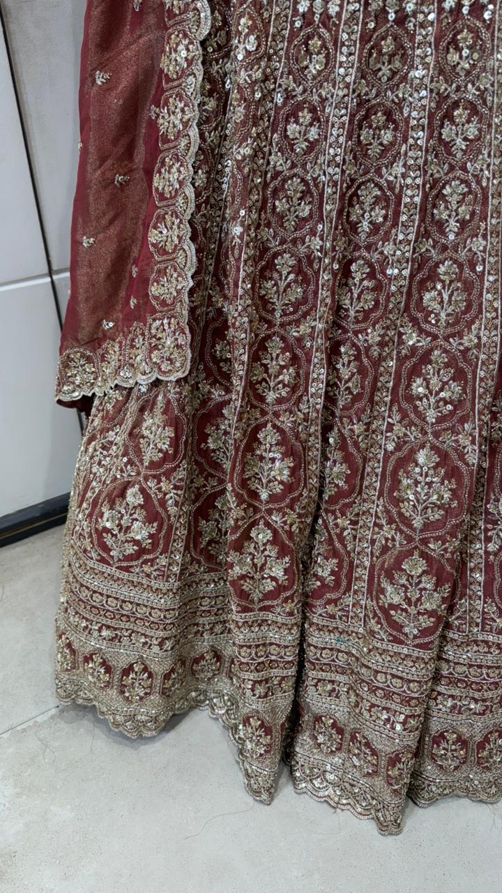 Maroon Hand-Embroidered Zardozi Velvet Lehenga Set