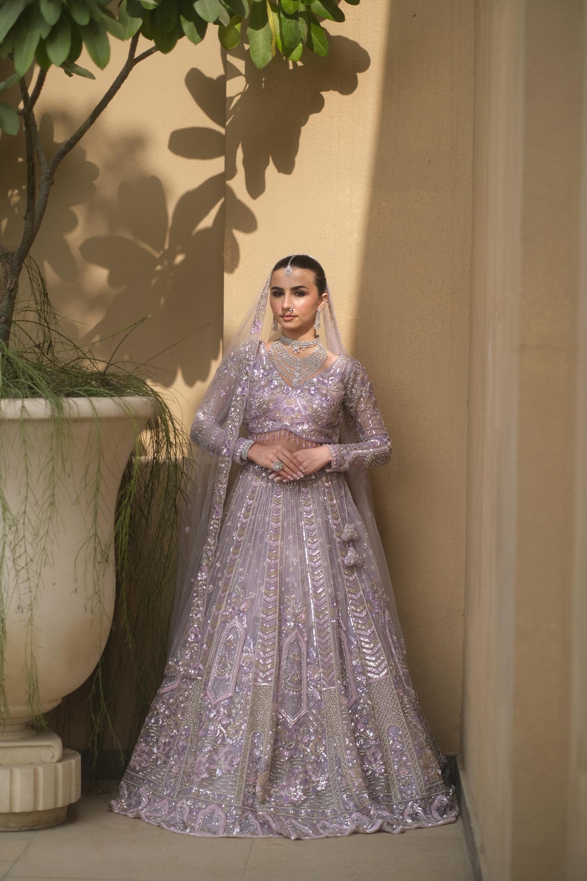 Lilac Net Lehenga with Floral Embellishments