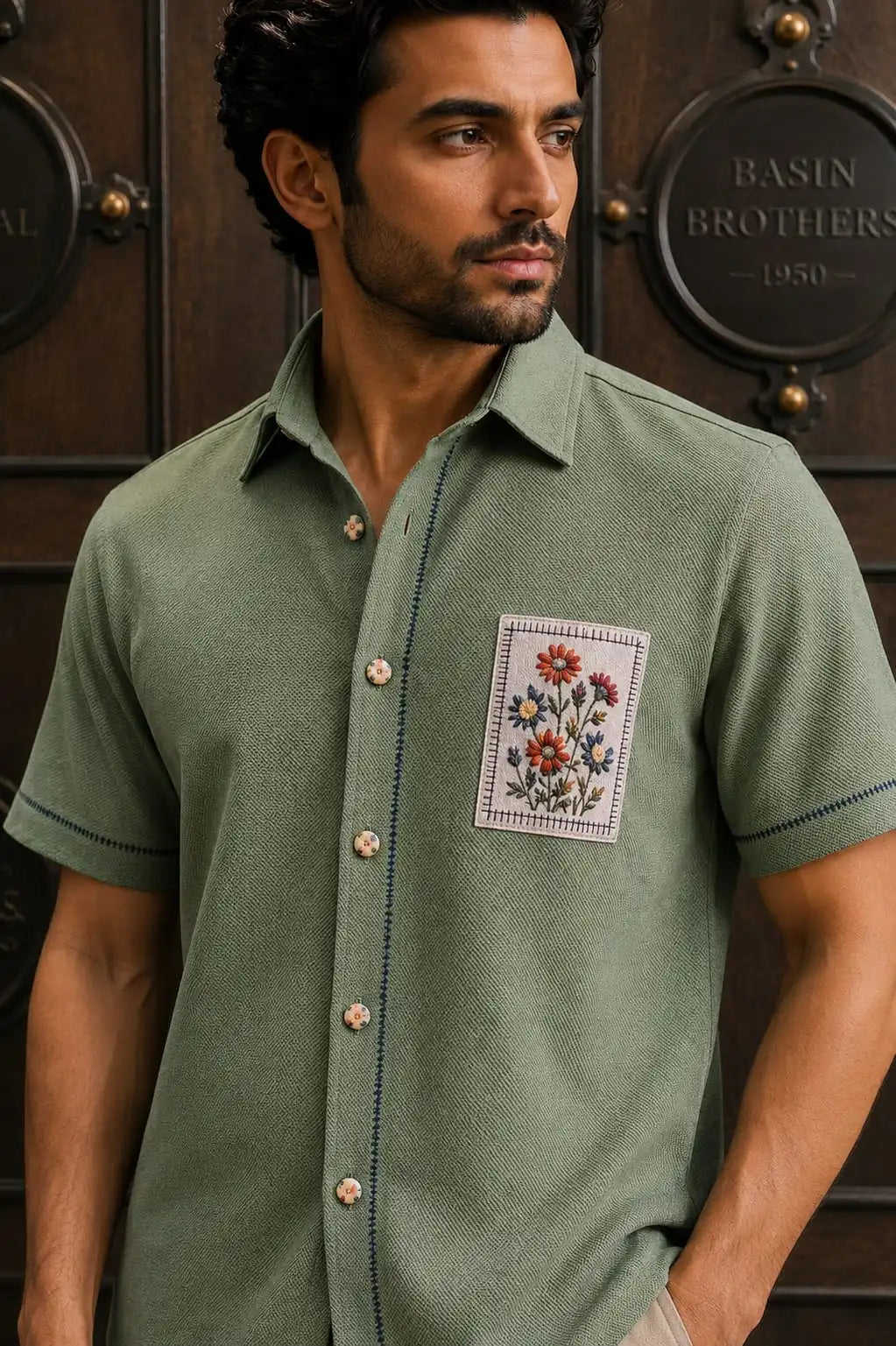 Embroidered green shirt  Floral wooden buttons