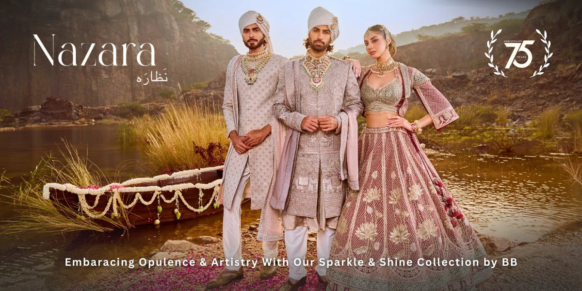 Three people in traditional attire standing by a river with 'Nazara' branding and '75' logo.